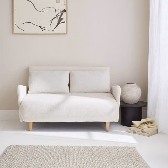 Sweek 2-Seater Scandinavian Convertible Click-Clack Sofa in Cream Bouclé Fabric with Sleeping Function and Scatter Cushions – 1