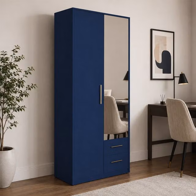 Swindon Blue 2 Door Wardrobe with Mirror and 2 Drawers, Width: 90 cm