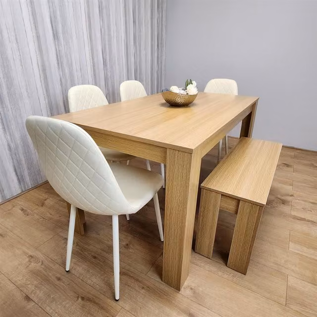 Kosy Koala 6 Seater Modern Light Wood Effect Dining Set with 4 Cream Chairs and Bench, Brown and Beige, L140 x W80 x H75 cm