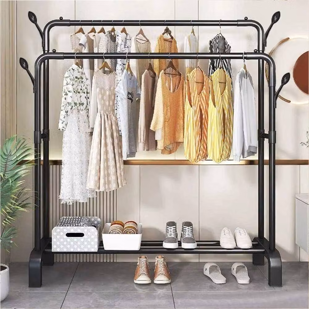 FLAVORA Black Matt Metal Hanging Garment Rack and Shoe Storage Open Wardrobe – 4