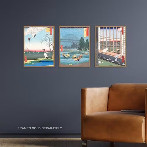 Artery8 Set of 3 Hiroshige Ricefields Japanese Wall Art Prints, Green and Blue, A4 Size – 2