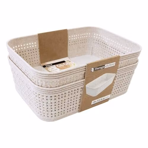 Libbi Lou Set of 6 Stackable Woven Design Plastic Storage Baskets in Beige, W: 19 cm, D: 14 cm, H: 14 cm