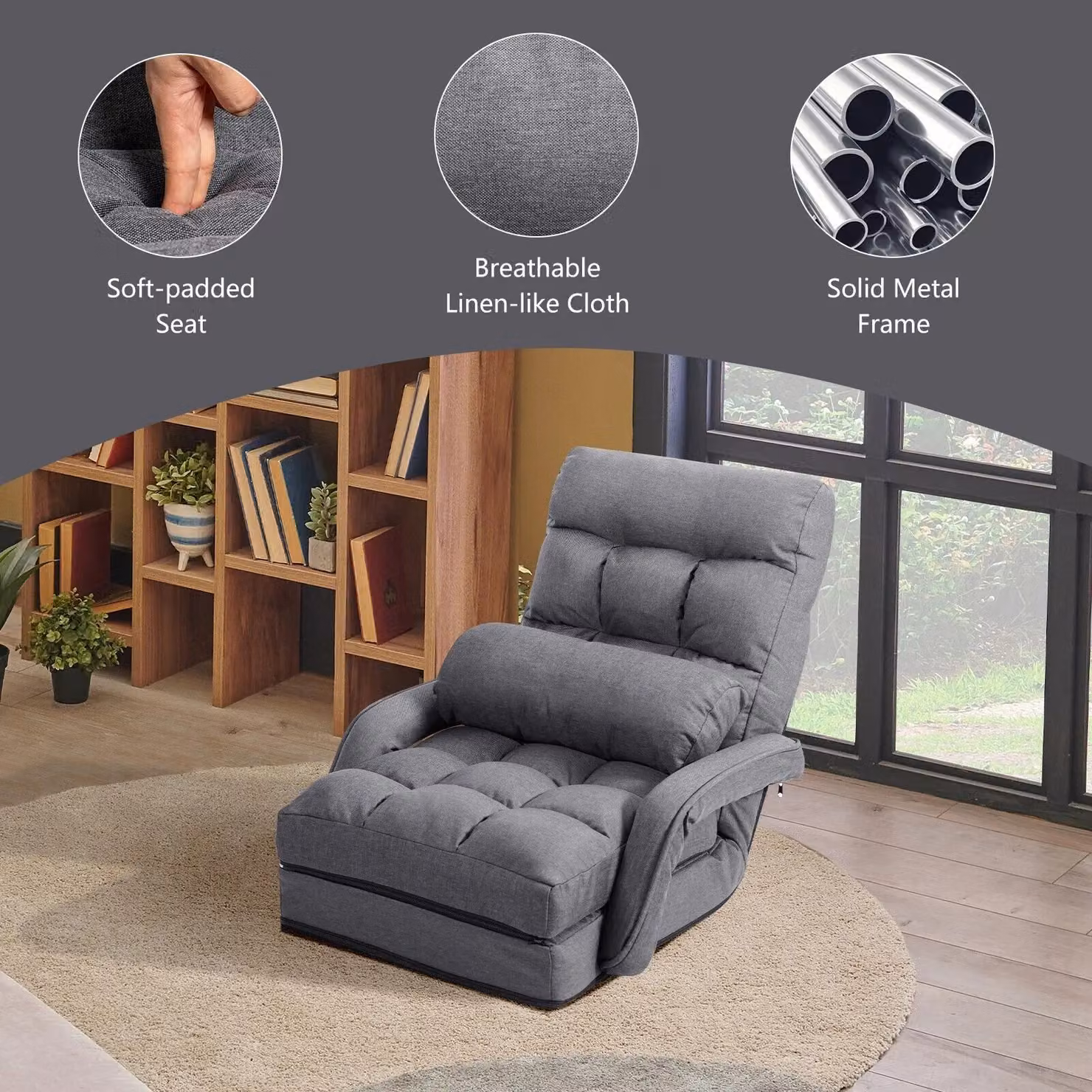 Gymax Grey Folding Lazy Sofa Floor Padded Gaming Chair with Armrests and Headrest – 6