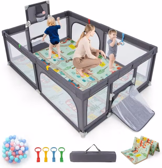 COSTWAY Large Baby Playpen with Mat in Grey