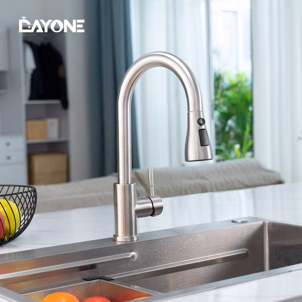 Dayone Sleek Kitchen Mixer Tap with Pull Out Spray in Brushed Steel Silver Finish – 2