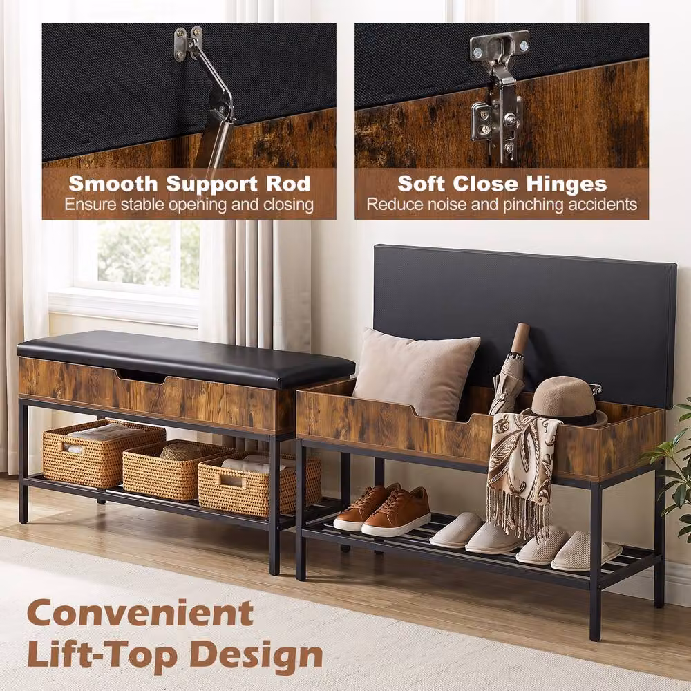 Gymax Brown Faux Leather Shoe Storage Bench with Lift Top and Shelf, Width: 100 cm – 6