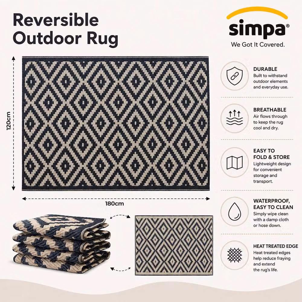 Simpa Geometric Outdoor Reversible UV Resistant Woven Rug in Black, W: 150 cm, D: 240 cm – 6