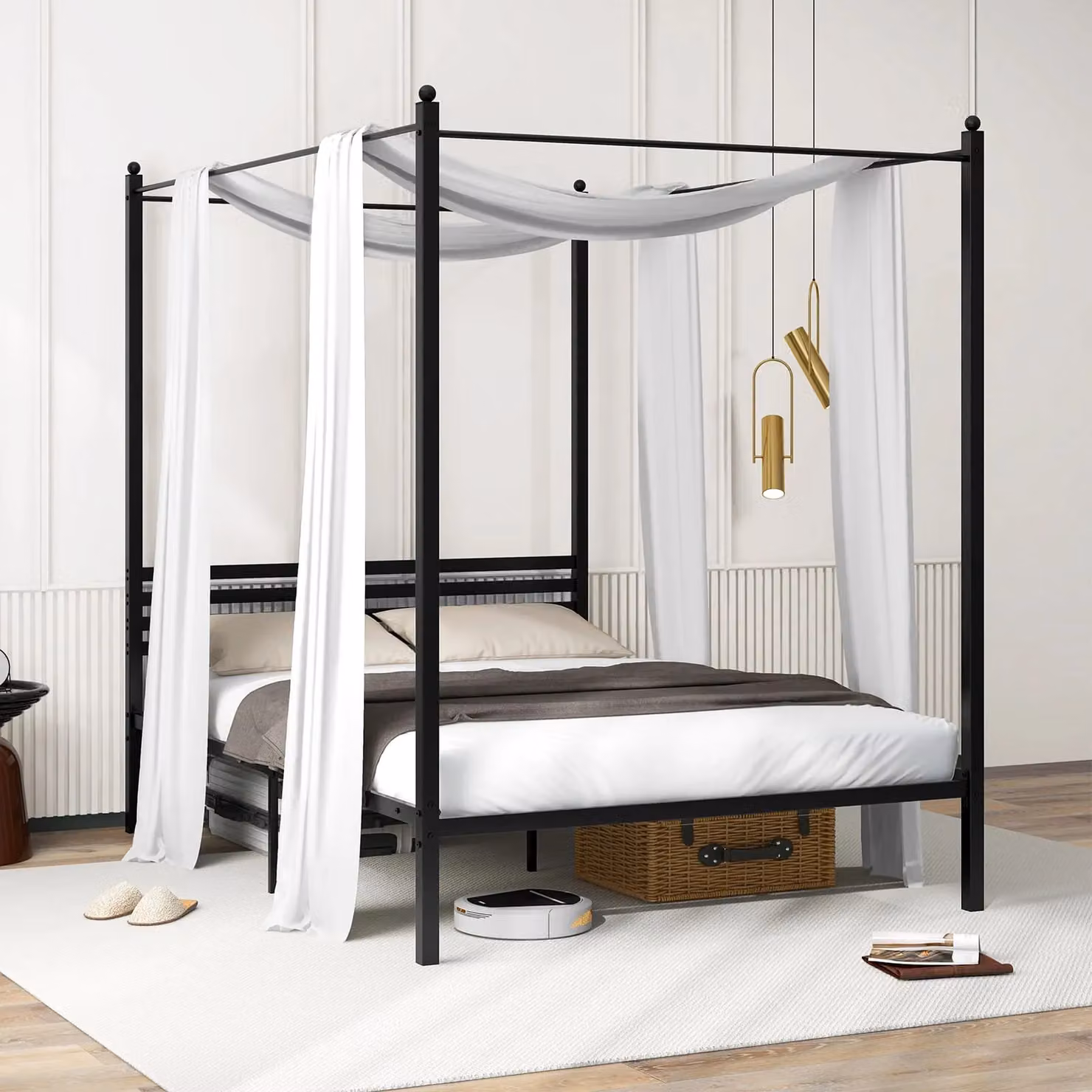 Gymax Double Size Metal 4-Poster Canopy Bed Frame, Black, 140 x 200 cm – 6