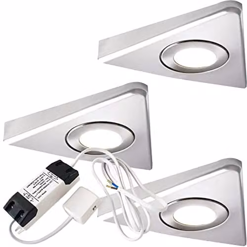 Loops 3x Triangle Surface Mounted Under Cabinet Kitchen LED Light and Driver Kit in Brushed Nickel with Natural White LED