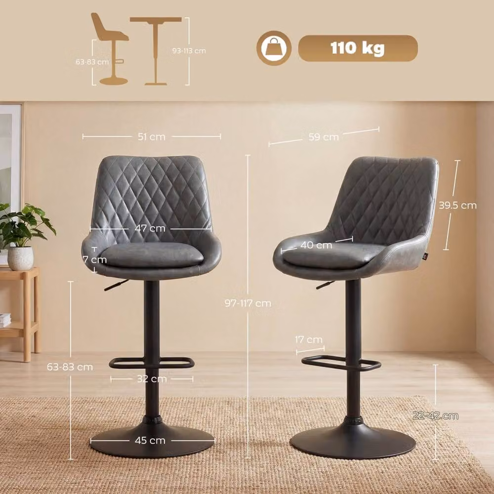 Wyld Haus Lokasa Set of 2 Grey Retro Adjustable Swivel Bar Stools with Synthetic Leather Upholstery – 4