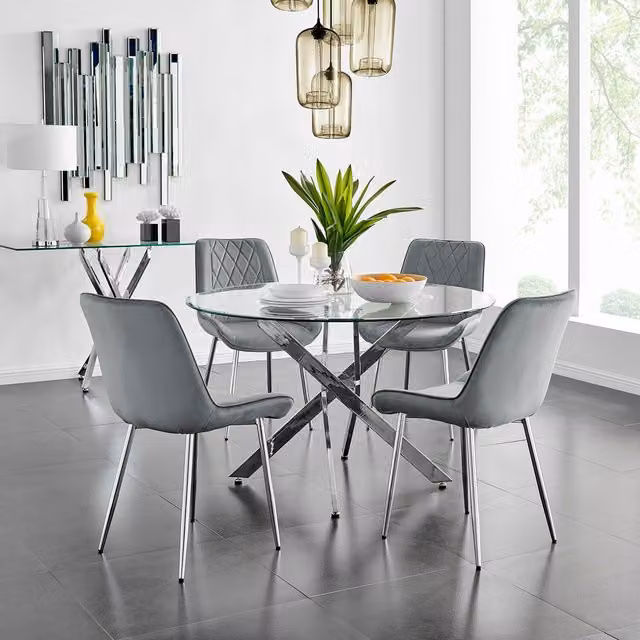 FurnitureboxUK Novara Round Glass Dining Table and Four Pesaro Grey Upholstered Chairs Set