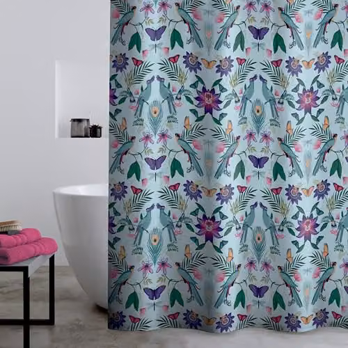 Catherine Lansfield Mya Tropical Bird Shower Curtain, Duck Egg Blue, W: 180 cm x H: 180 cm
