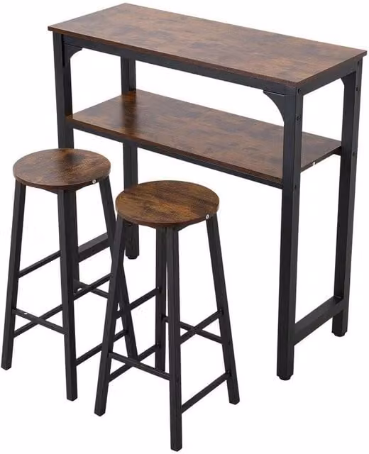 KORVIXA Industrial Kitchen Dining Breakfast Bar Table Set with 2 Stools, Brown Wood Top and Metal Frame, W/D/H: 100 x 100 x 100 cm – 1
