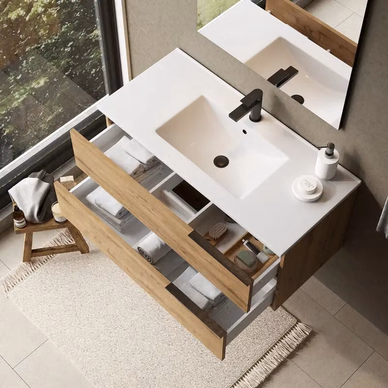 Banyetti Celtic Wall Hung Bathroom Vanity Unit with Lira Basin, Ostippo Oak in Light Oak, W: 100 cm, D: 45 cm, H: 48 cm – 3