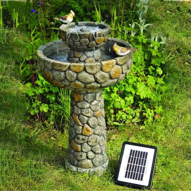 Primrose Round Solar Powered Bird Bath in Brown Rustic Stone Effect