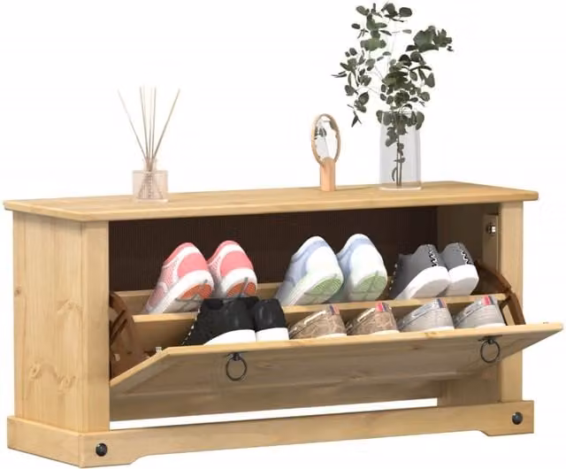 Berkfield Home Corona Shoe Cabinet in Brown Solid Pine, W/D/H: 99 x 32 x 47 cm