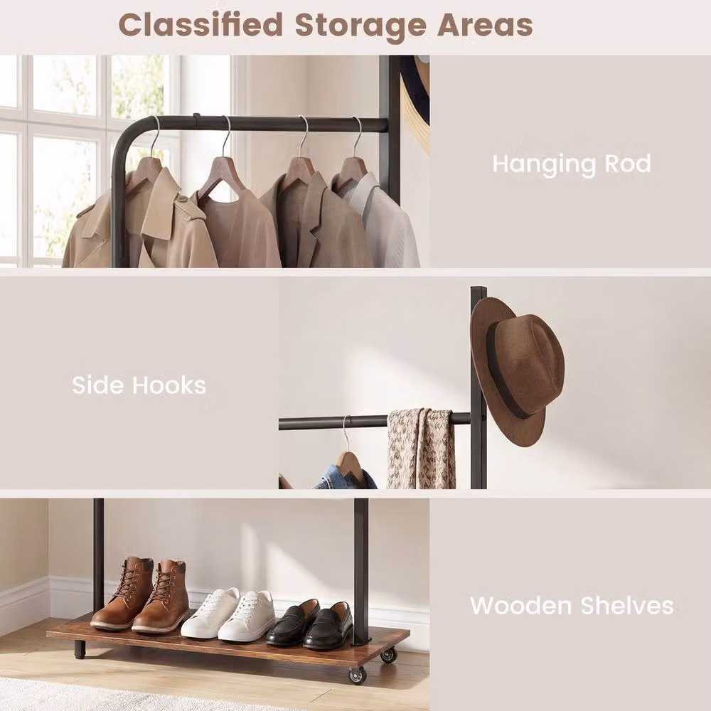 Costway Rolling Wooden Clothing Rack with Hanging Rod and Side Hooks in Brown – 3