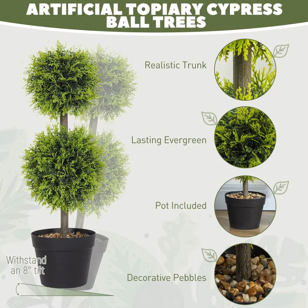 STILVORA Set of 2 Green Artificial Round Topiary Cypress Trees, Height: 60 cm – 6
