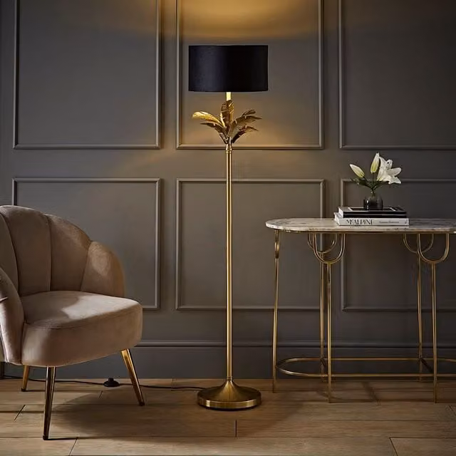 ValueLights Christina Black Velvet Floor Lamp with Gold Metallic Inner Drum Shade