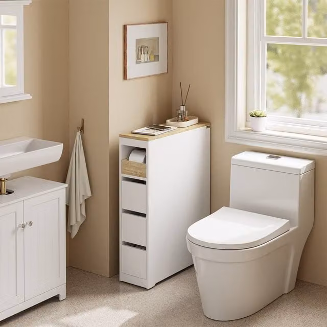 SoBuy Slim White Bathroom Side Cabinet with 3 Drawers and Open Shelf