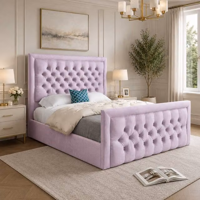 Casani Yvonne Upholstered Pink Velvet Designer Bed Frame, W/D/H: 200 x 137 x 189 cm