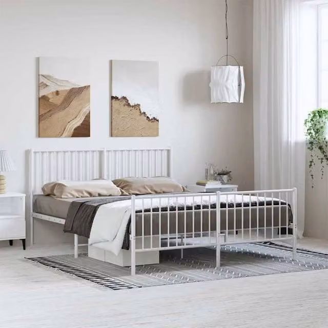 Berkfield Home Metal Bed Frame with Headboard and Footboard in White, W/D/H: 150 x 200 cm