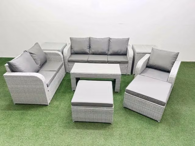 Fimous Patio 8 Seater Grey Rattan Outdoor Furniture Set with Coffee Table, 3 Seater Sofa, 2 Seater Sofa, Loveseat, Reclining Chairs and Ottoman