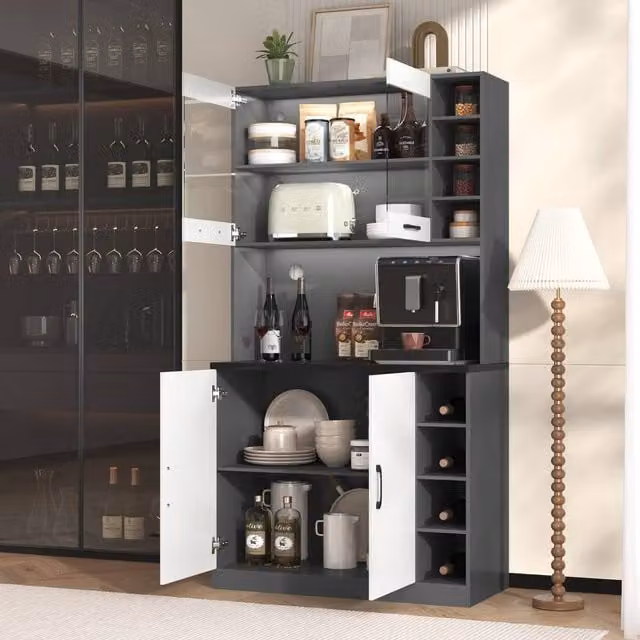 BTM Tall Kitchen Cabinet with LED Lighting and Adjustable Shelves in Grey and White, W/D/H: 69.4 x 47.0 x 188.0 cm – 1