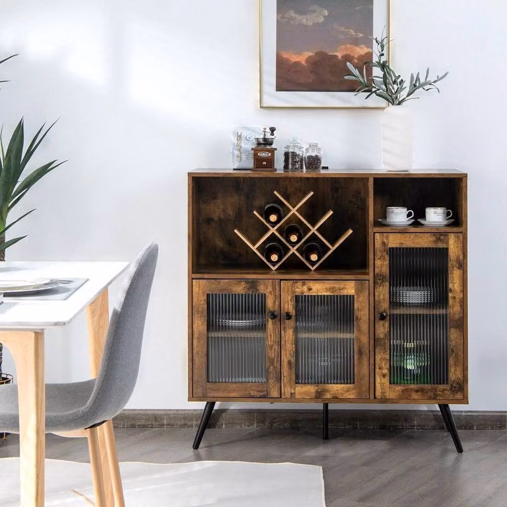 KORVIXA Wood Kitchen Storage Cabinet and Buffet Sideboard with Glass Doors, Brown, W: 70 cm, H: 65 cm – 2