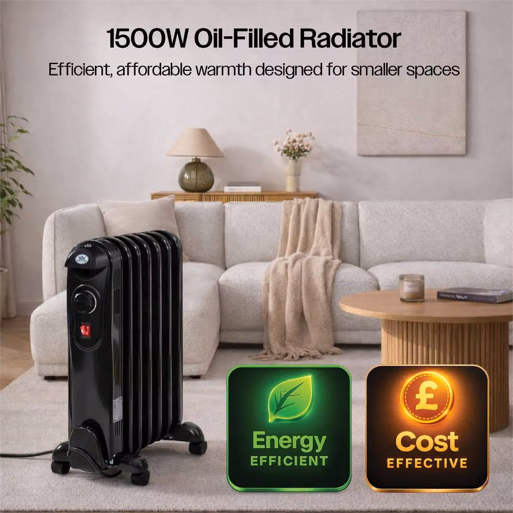 Prem-i-Air 1500W 7-Fin Portable Oil Filled Radiator Heater in Black with Adjustable Thermostat and Safety Features – 3
