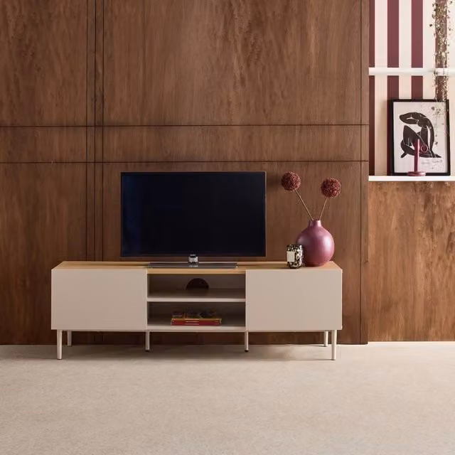 Sweekeek Modern Metal and MDF TV Stand with 2 Doors in Beige, W/D/H: 140 x 40 x 44 cm