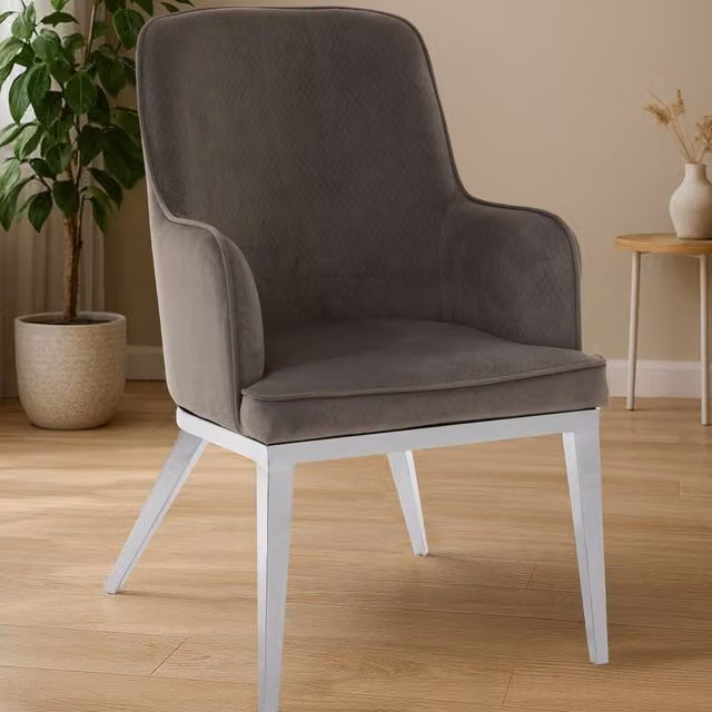 Orsina Grey Velvet Dining Chair with Silver Metal Legs – 1