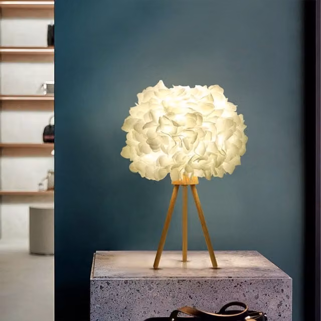 Komore White Fabric Petal Table Lamp with Wooden Base
