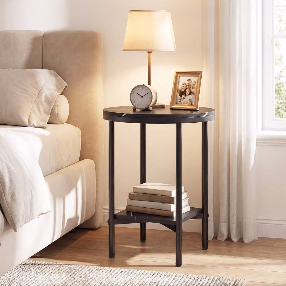 Gymax 2-Tier Round Side Table with Black Faux Marble Top and Metal X-Frame – 6