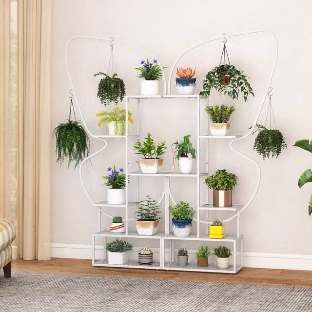 Kelvenix 6-Tier Butterfly-Shaped Metal Plant Stand in White, H 185.0 x W 56.0 x D 26.0 cm