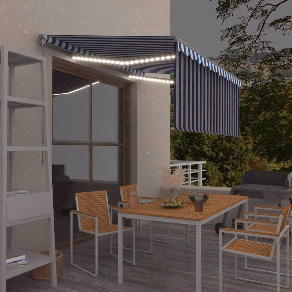 Berkfield Home Manual Retractable Awning with Blind and LED, Blue and White Striped, W: 350 cm, D: 250 cm – 1