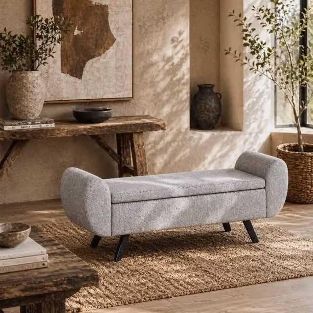 Wyld Haus Nesama Linen Effect Light Grey Upholstered Storage Bench with Armrests – 1