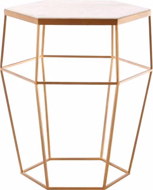 Orsina Hexagonal Marble Top Side Table with Gold Metal Frame, White and Gold