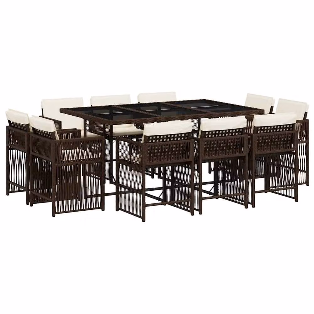 Berkfield Home 11 Piece Brown Poly Rattan Garden Dining Set with Cushions and Glass Top – 2