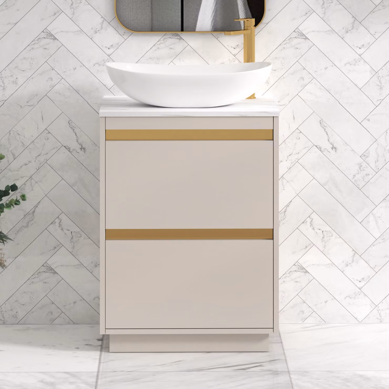 Royal Bathrooms Orion 600mm Warm Taupe Floor Standing 2 Drawer Vanity Unit with Cesar Basin and Brushed Brass Accent Trim