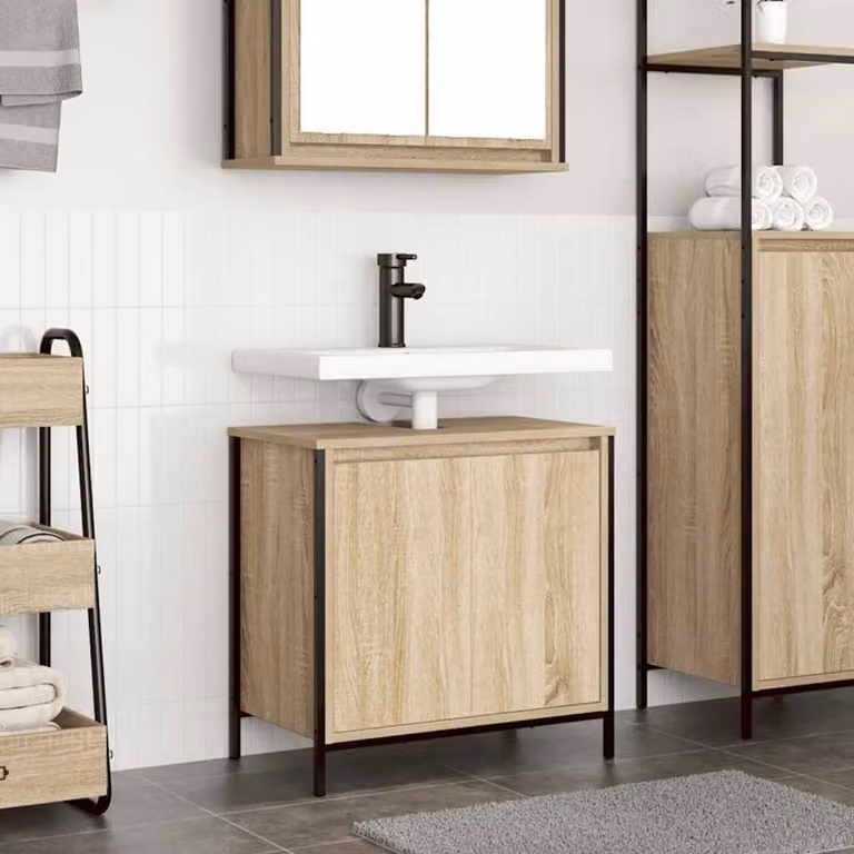 Berkfield Home Sonoma Oak Bathroom Basin Cabinet in Light Tan, W/D/H: 60 x 34.5 x 60 cm