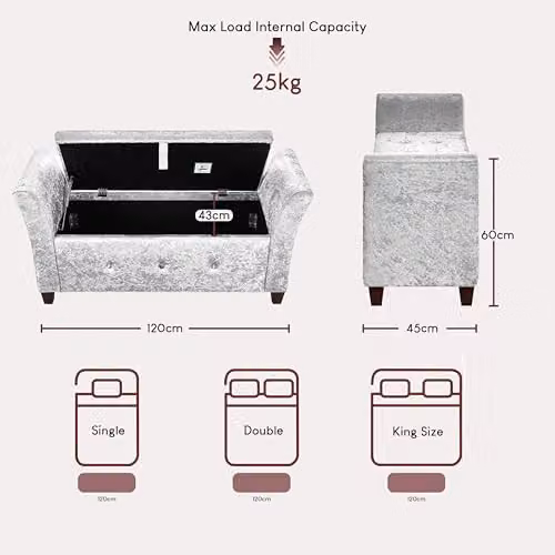 Vida Designs Seville Silver Velvet Fabric Storage Ottoman, W/D/H: 120 x 45 x 60 cm – 2