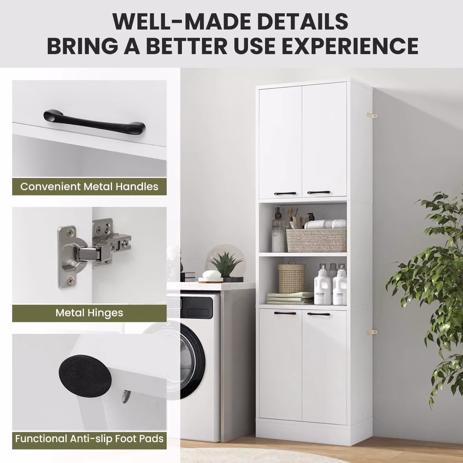 Gymax White Freestanding Tall Kitchen Cabinet with Hinged Doors and Internal Shelves, Height: 190 cm – 4