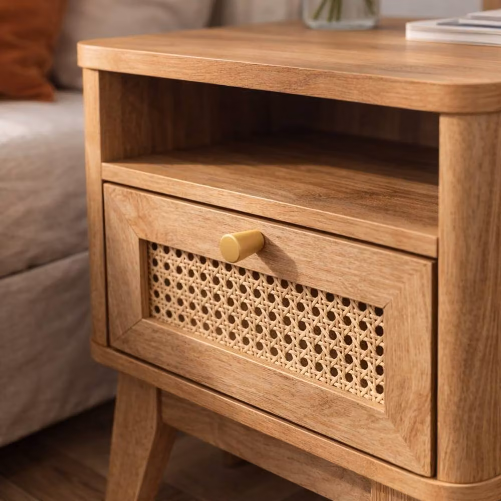 CALICOSY Bedside Table with Rattan Front and 1 Drawer in Light Brown, Width: 39 cm – 3