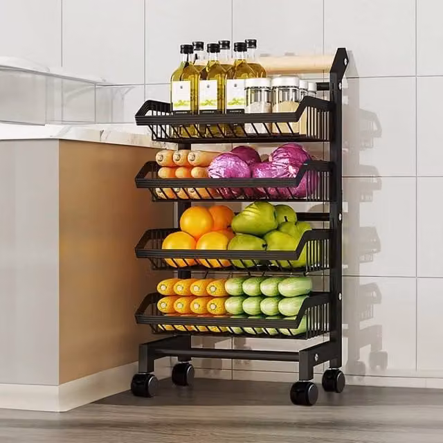 EONLION 4 Tier Fruit Trolley Basket Rack in Black with Adjustable Shelves