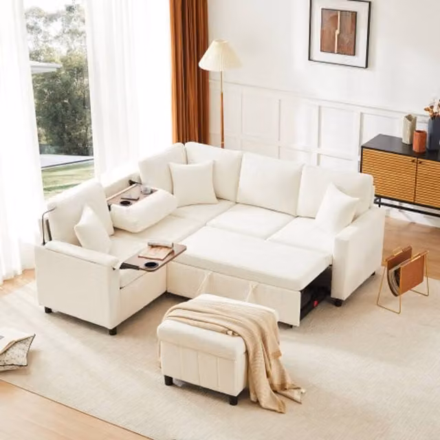 Merax Reversible Chenille Corner Sofa Bed with Storage Ottoman and USB Charging in Beige