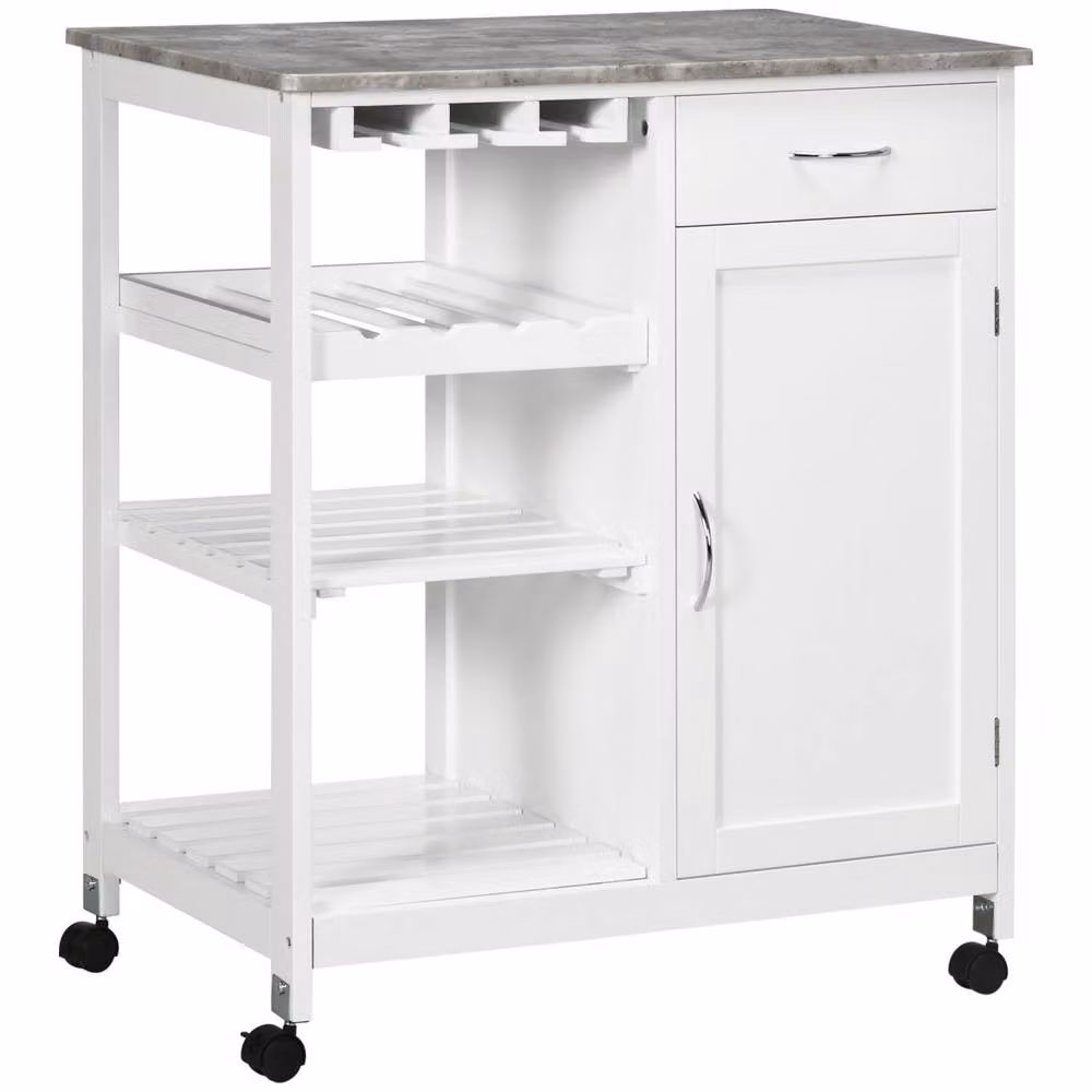 Wyld Haus Sohavi White Compact Kitchen Trolley with Marble Effect Top and Drawer, H 88 cm x W 48 cm x D 76 cm – 2