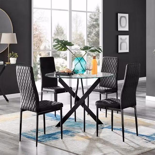 FurnitureboxUK Novara Round Glass Dining Table and 4 Milan Faux Leather Chairs in Black