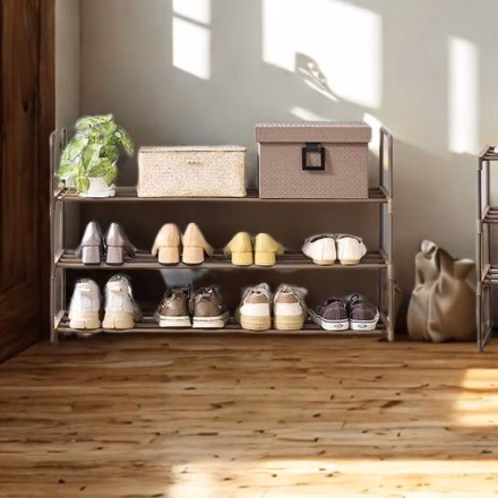 Pirlo Plush 3 Tier Metal Shoe Rack with Open Shelves in Walnut Brown – 4