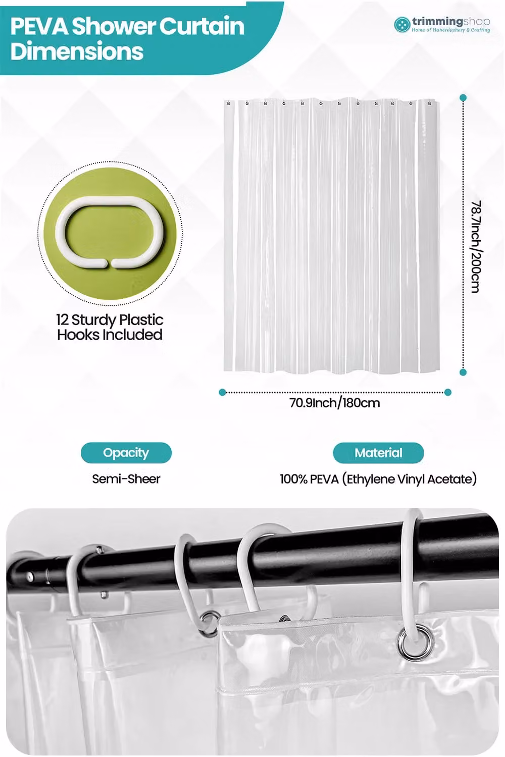 Neel Blue Transparent PEVA Shower Curtain with 12 Hooks, W/D/H: 180 x 200 cm